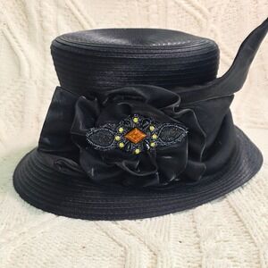 Giovannio‎ Dress Hat Black Beaded Flower Cloche Church Derby Formal Women OS New